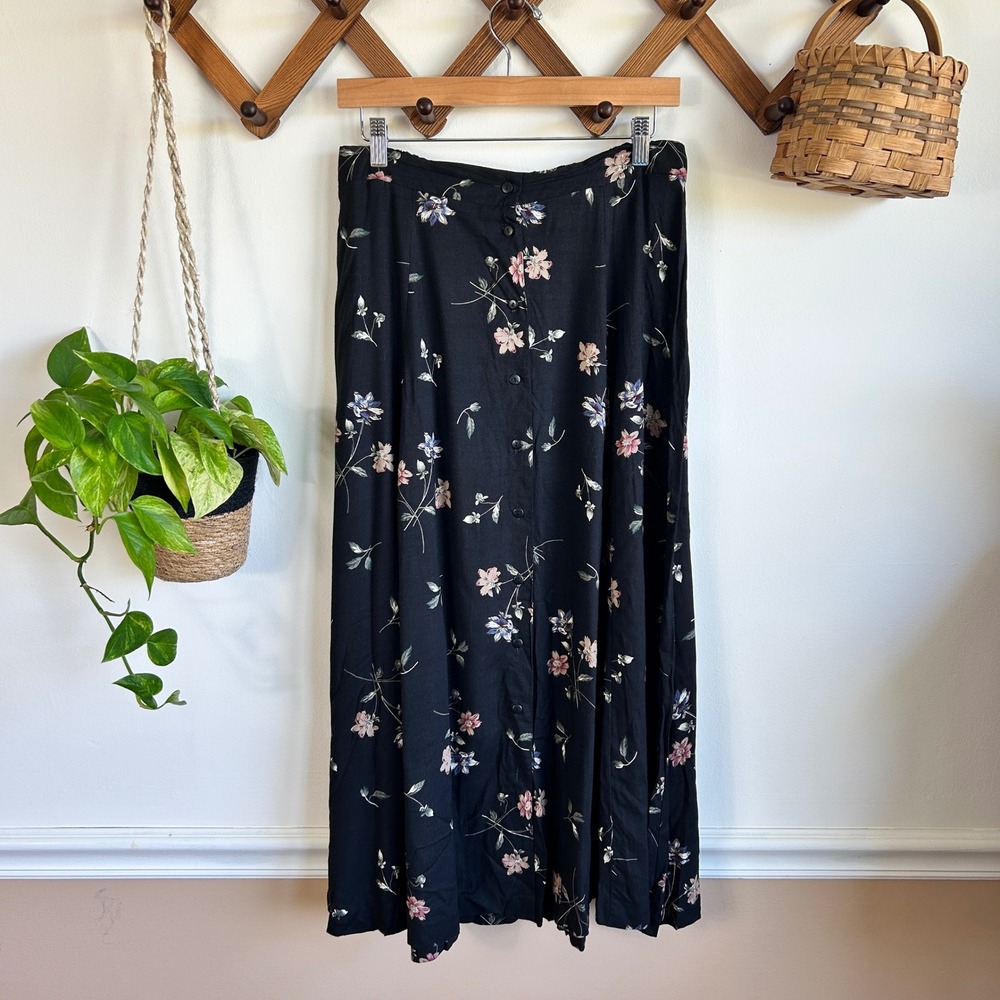 Vintage Kathie Lee Black Floral Button Front Maxi Skirt Boho 90s Feminine